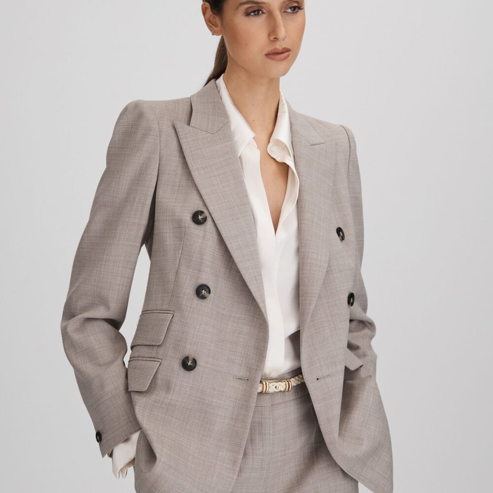 Reiss Hazel Light Grey Wool Double Breasted Suit Blazer In Oatmeal sz 8